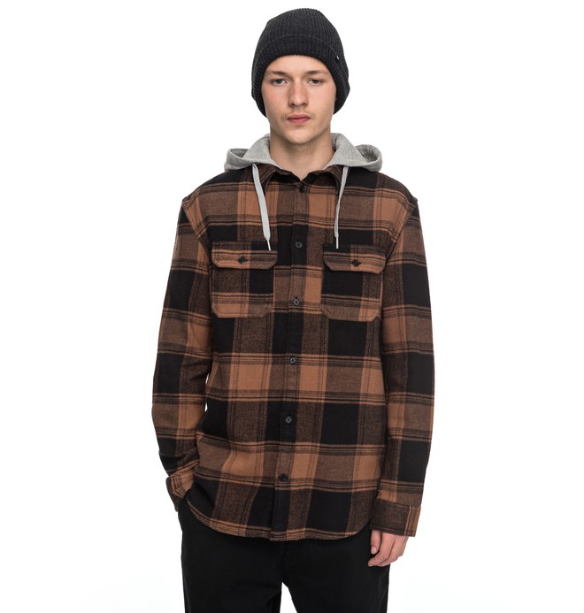 dcshoes, Men's Runnel Flannel Long Sleeve Hooded Shirt, RAW UMBER (cmj0) 0 Men's Runnel Flannel Long Sleeve Hooded Shirt Brown EDYWT03162 DC Shoes