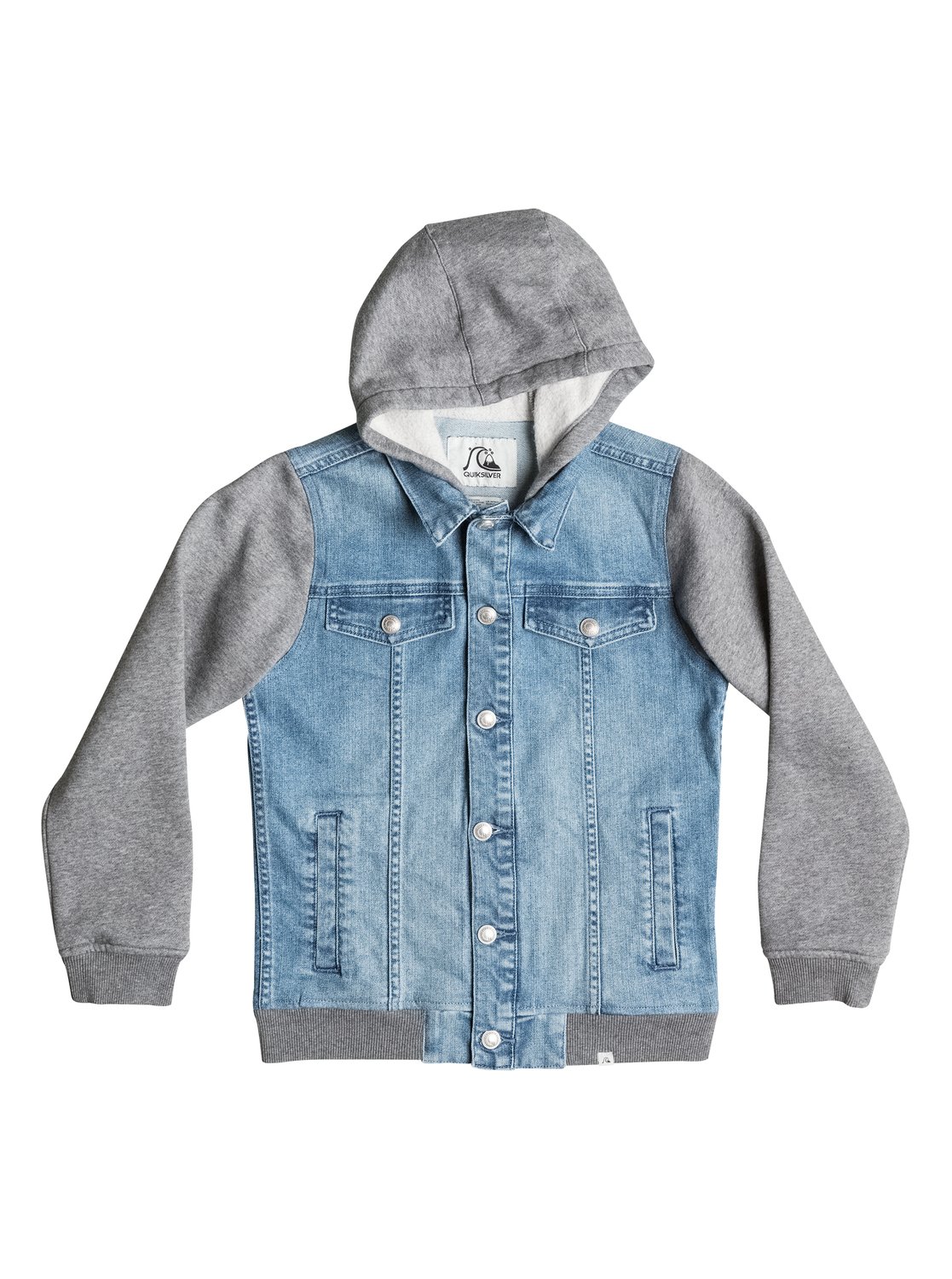 Boys Jungle Temple Windbreaker Boys Jungle Temple WindbreakerВетровка для мальчиков Jungle Temple от Quiksilver.ХАРАКТЕРИСТИКИ: удобный эластичный деним, рукава и капюшон из флиса, манжеты и подол в рубчик, светло-синяя расцветка.СОСТАВ: 99% хлопок, 1% эластан.<br>