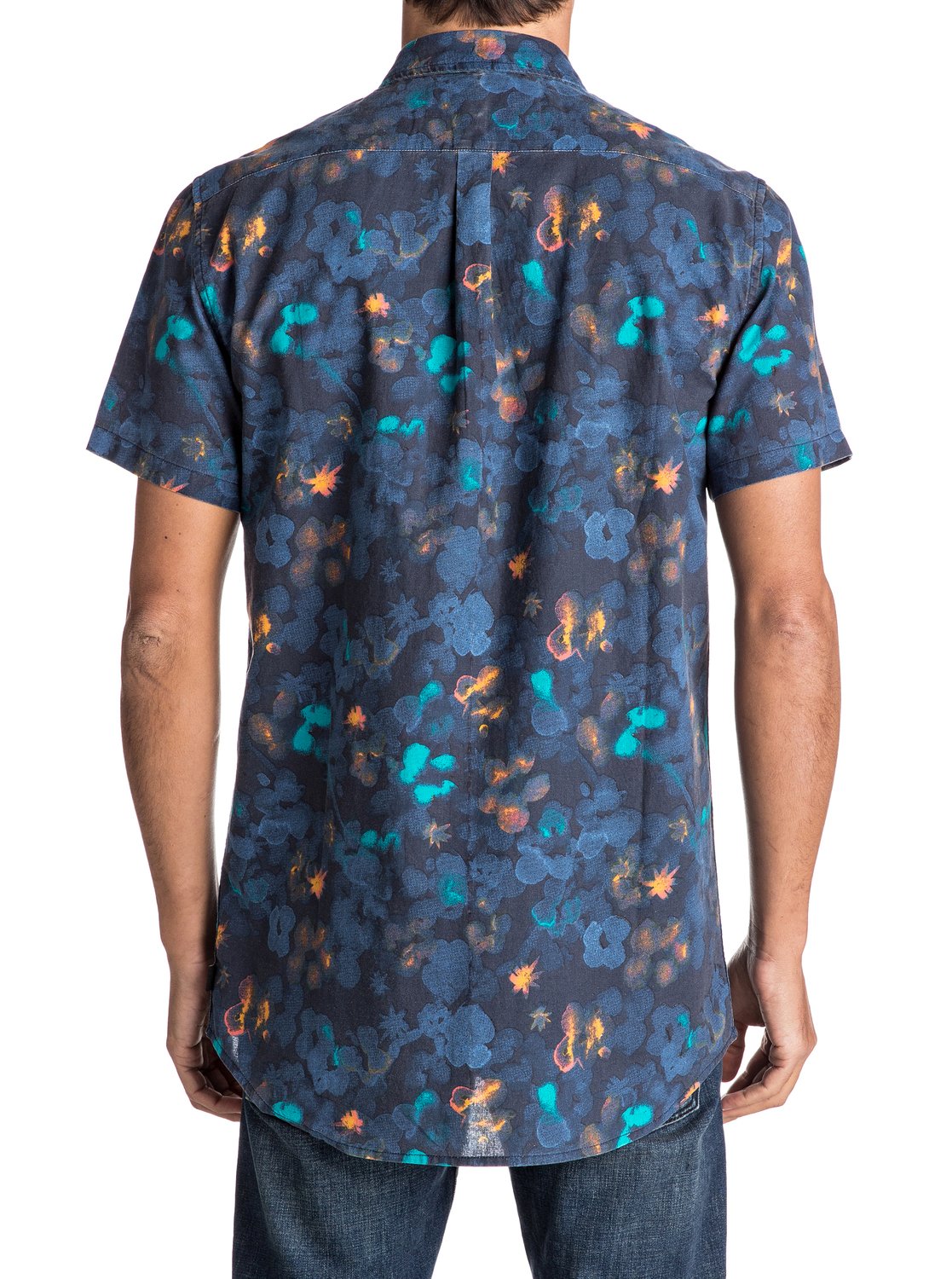 blue shirt with pink flowers