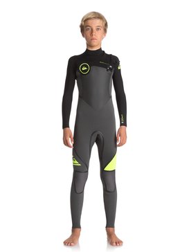 quiksilver, 4/3mm Syncro Plus - Traje de surf con cremallera en el pecho, JET BLACK/ BLACK/ SAFETY YELLO (xkkg) 4/3mm Syncro Plus - Chest Zip Wetsuit EQBW103029