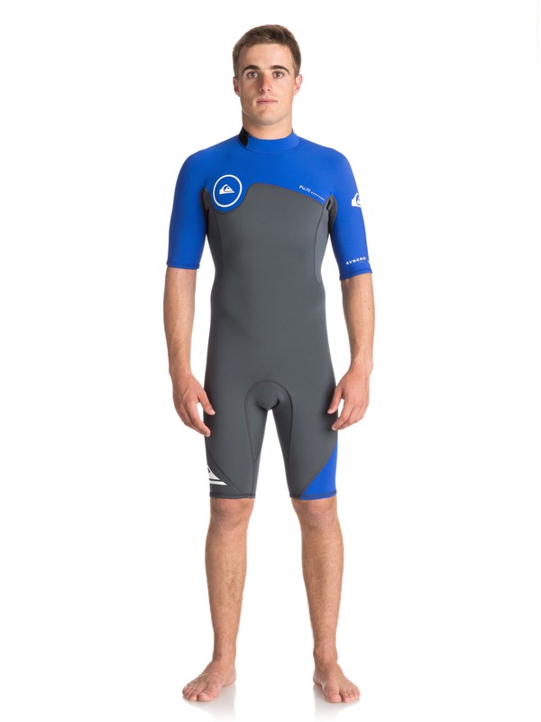 quiksilver, 2mm Syncro - Short Sleeve Back Zip FLT Springsuit, GUN METAL/ HV ROYAL/ WHITE (xkpw) 0 2mm Syncro - Short Sleeve Back Zip FLT Springsuit Black EQYW503006 Quiksilver
