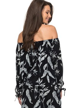 roxy, Ms Brightside Long Sleeve Off the Shoulder Top, ANTHRACITE LOVE LETTER (kvj8) Ms Brightside - Long Sleeve Top ERJWT03148