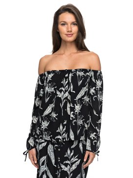 roxy, Ms Brightside Long Sleeve Off the Shoulder Top, ANTHRACITE LOVE LETTER (kvj8) Ms Brightside - Long Sleeve Top ERJWT03148
